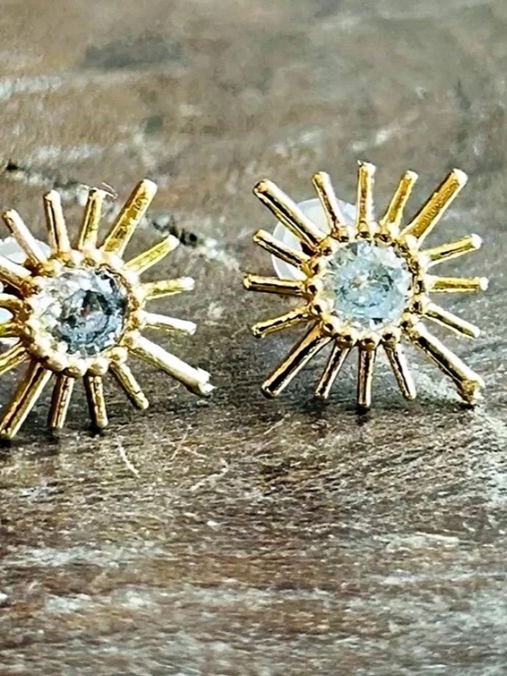 18K Hand Hammed Gold Sunburst Stud Earrings w/Crystal Details✨NWT&Box✨Handmade